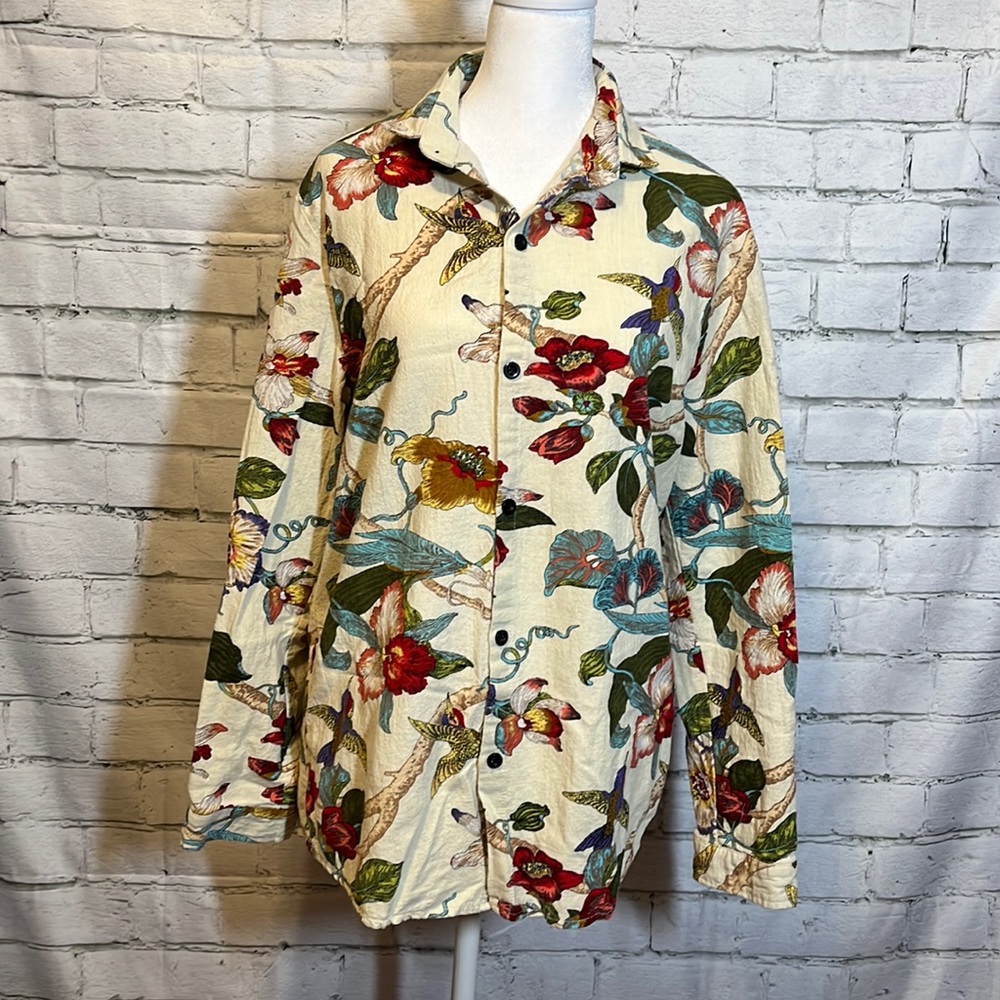 Mens Dress Shirt with Colorful Floral and Bird Print (please read listing)